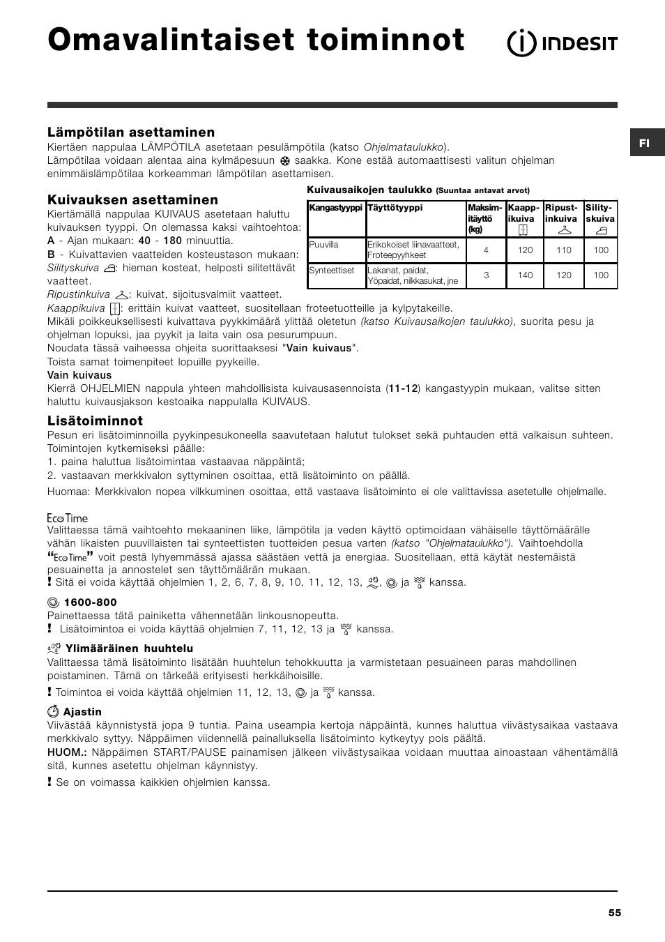 Omavalintaiset toiminnot, Lämpötilan asettaminen, Kuivauksen asettaminen | Lisätoiminnot | Indesit IWDC 71680 User Manual | Page 55 / 84