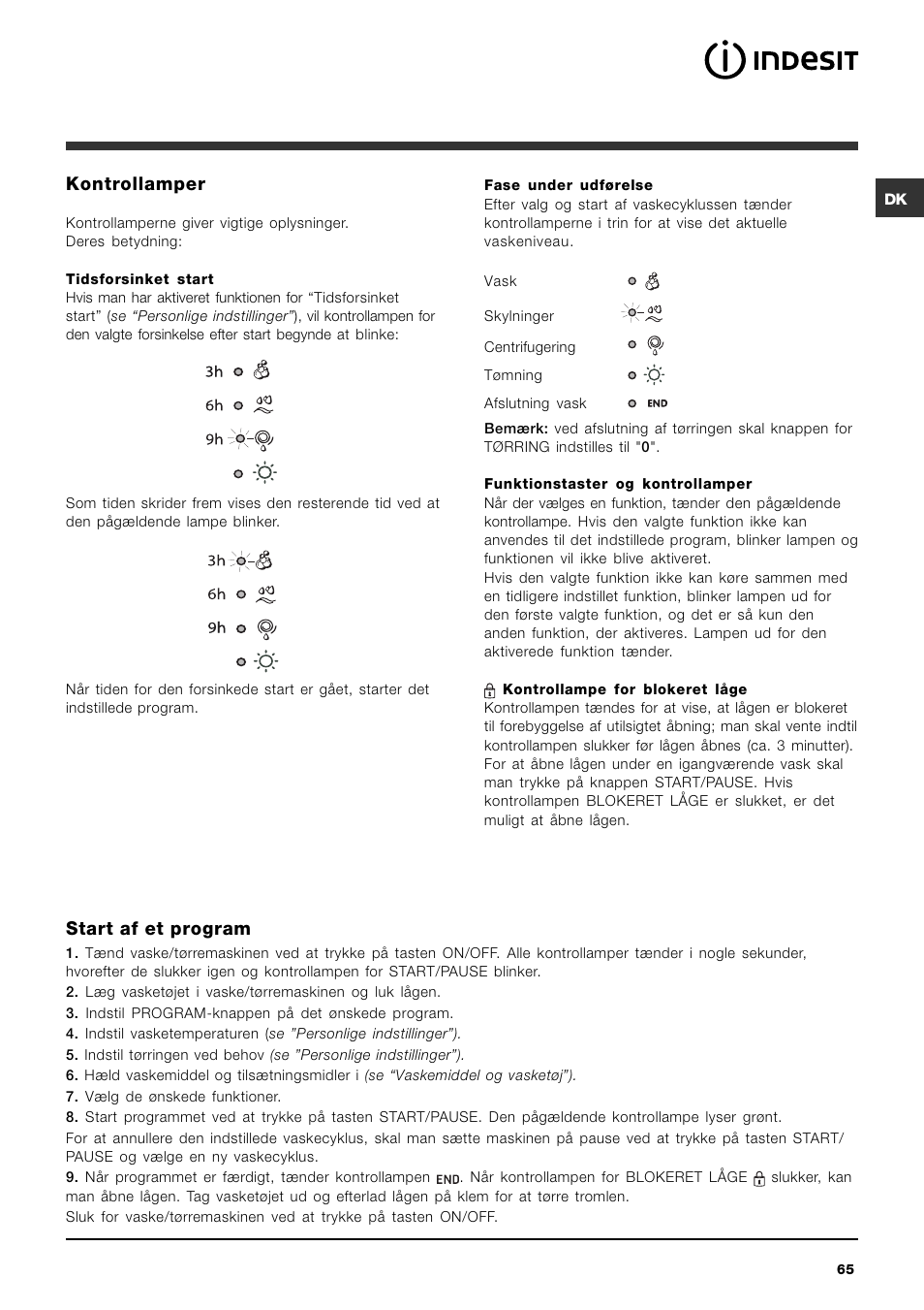 Kontrollamper, Start af et program | Indesit IWDC 71680 User Manual | Page 65 / 84