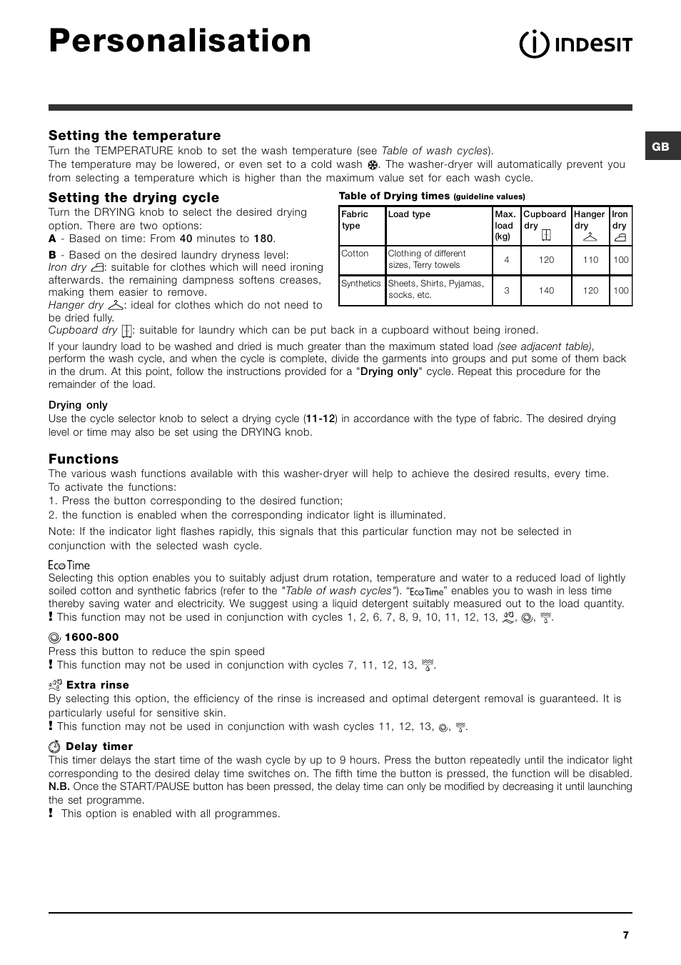 Personalisation, Setting the temperature, Setting the drying cycle | Functions | Indesit IWDC 71680 User Manual | Page 7 / 84