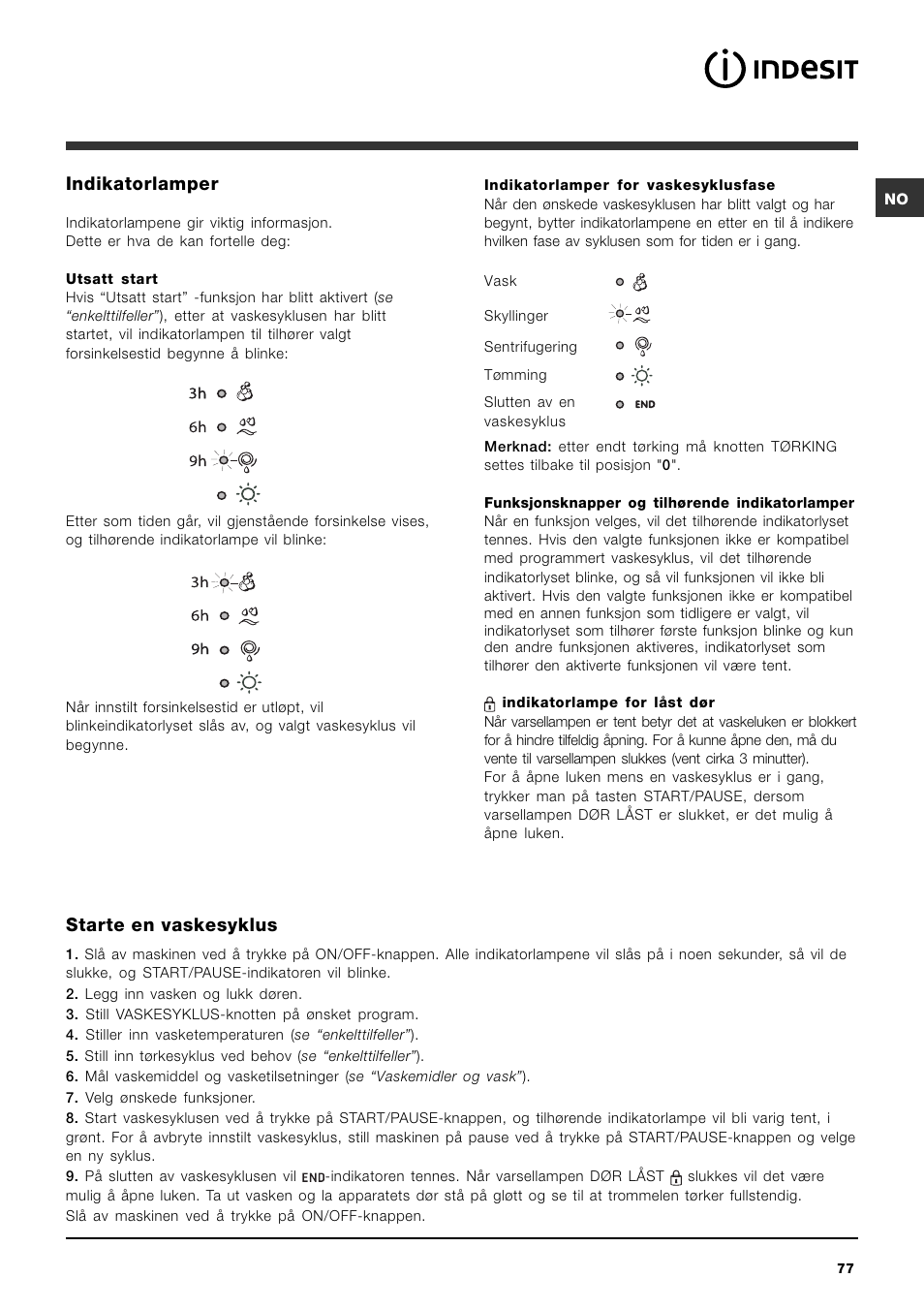 Indikatorlamper, Starte en vaskesyklus | Indesit IWDC 71680 User Manual | Page 77 / 84