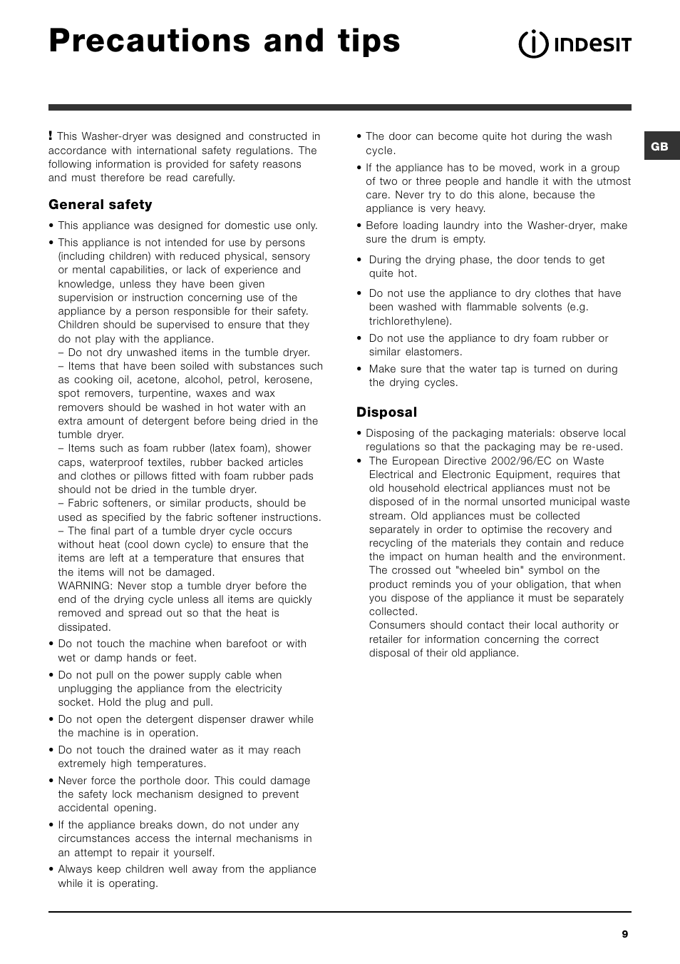 Precautions and tips, General safety, Disposal | Indesit IWDC 71680 User Manual | Page 9 / 84