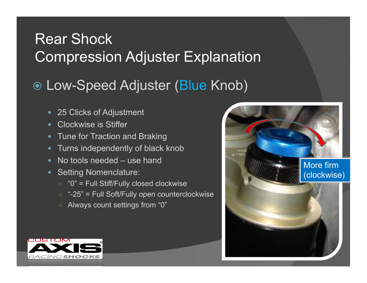 Low-speed adjuster ( blue knob), Low speed adjuster ( blue knob) | Penske Racing Shocks MX REAR SHOCK (CUSTOM AXIS) User Manual | Page 3 / 8