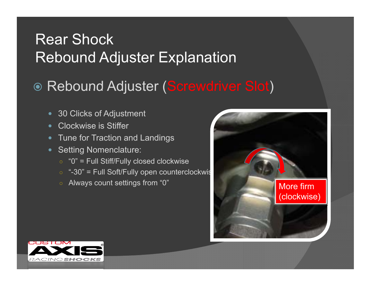 Rebound adjuster ( screwdriver slot ) | Penske Racing Shocks MX REAR SHOCK (CUSTOM AXIS) User Manual | Page 5 / 8