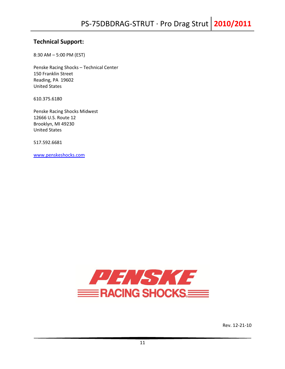 Penske Racing Shocks 75DBDRAG-STRUT User Manual | Page 11 / 11