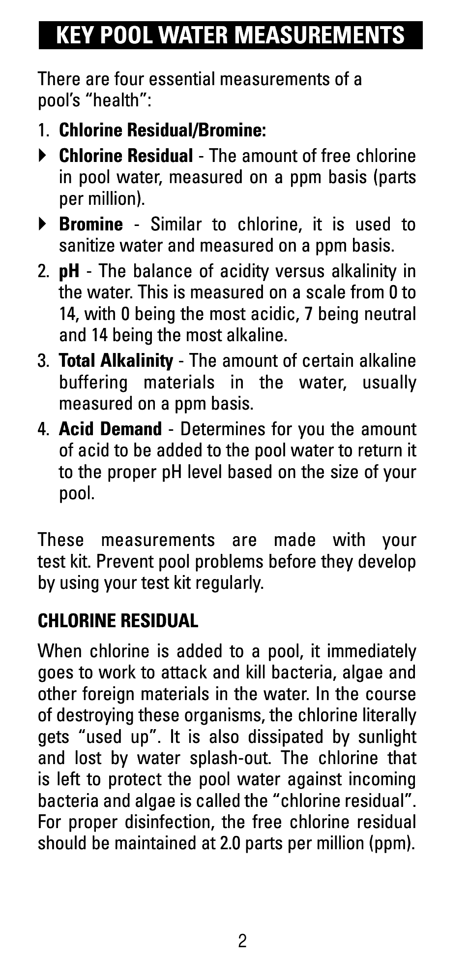 Key pool water measurements | Poolmaster 22280 5-Way Test Kit User Manual | Page 4 / 15