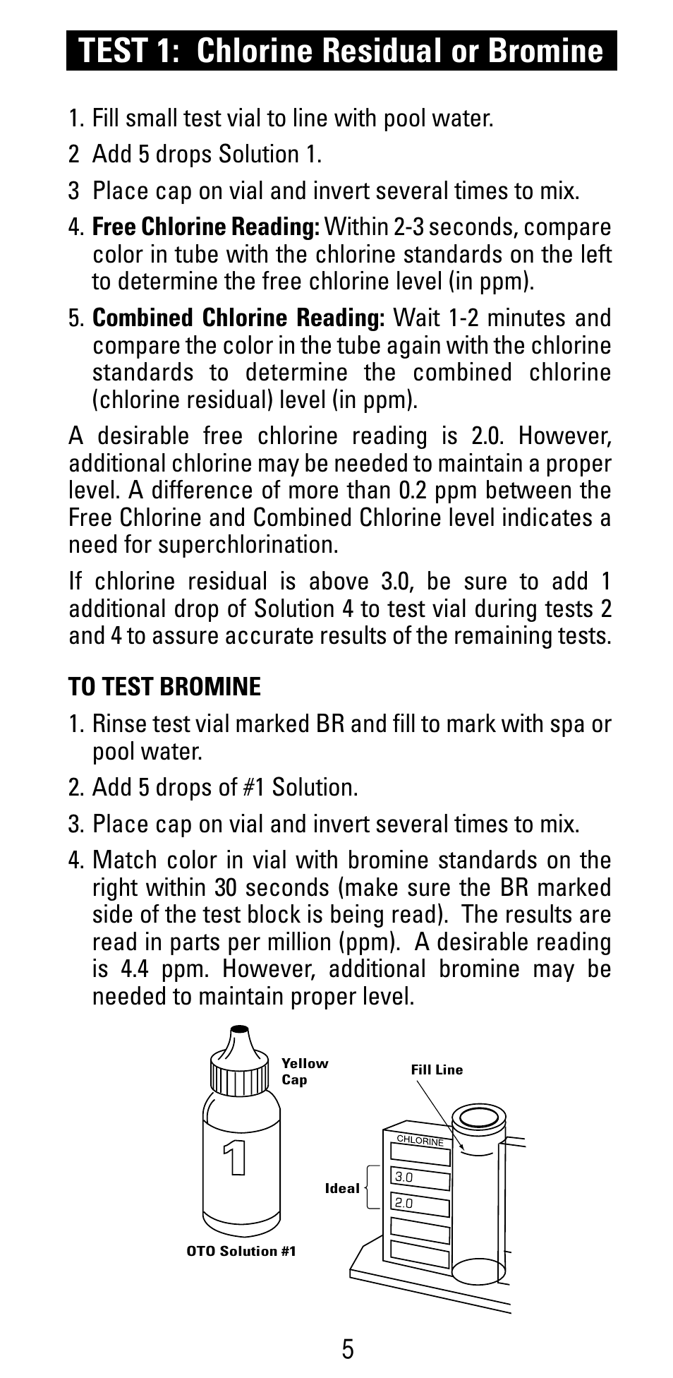 Test 1: chlorine residual or bromine | Poolmaster 22280 5-Way Test Kit User Manual | Page 7 / 15