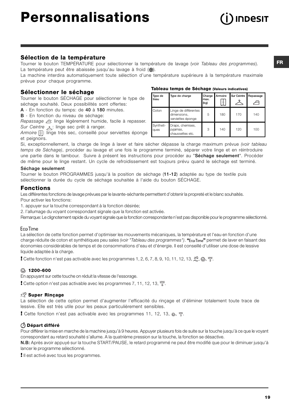 Personnalisations, Sélection de la température, Sélectionner le séchage | Fonctions | Indesit IWDC 6125 User Manual | Page 19 / 84