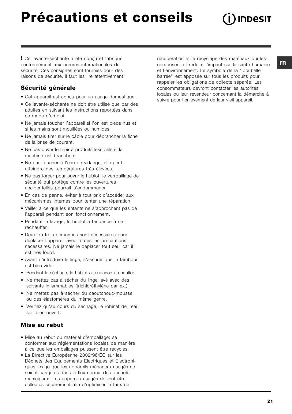 Précautions et conseils | Indesit IWDC 6125 User Manual | Page 21 / 84