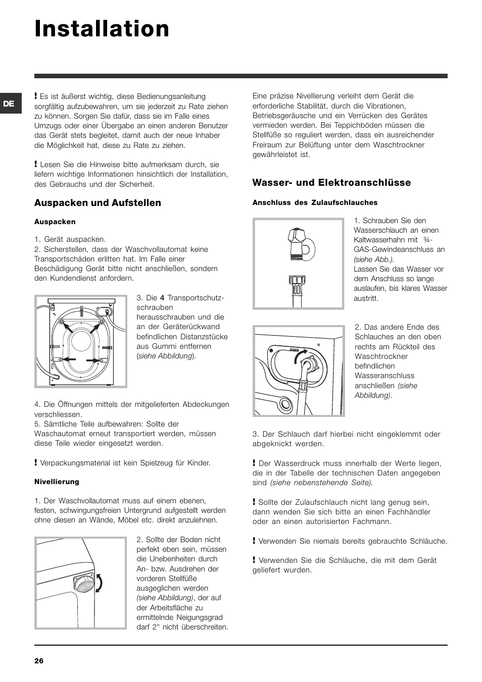 Installation, Auspacken und aufstellen, Wasser- und elektroanschlüsse | Indesit IWDC 6125 User Manual | Page 26 / 84