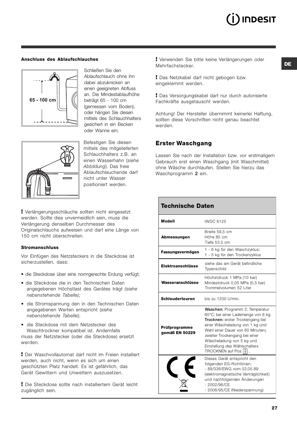 Erster waschgang, Technische daten | Indesit IWDC 6125 User Manual | Page 27 / 84