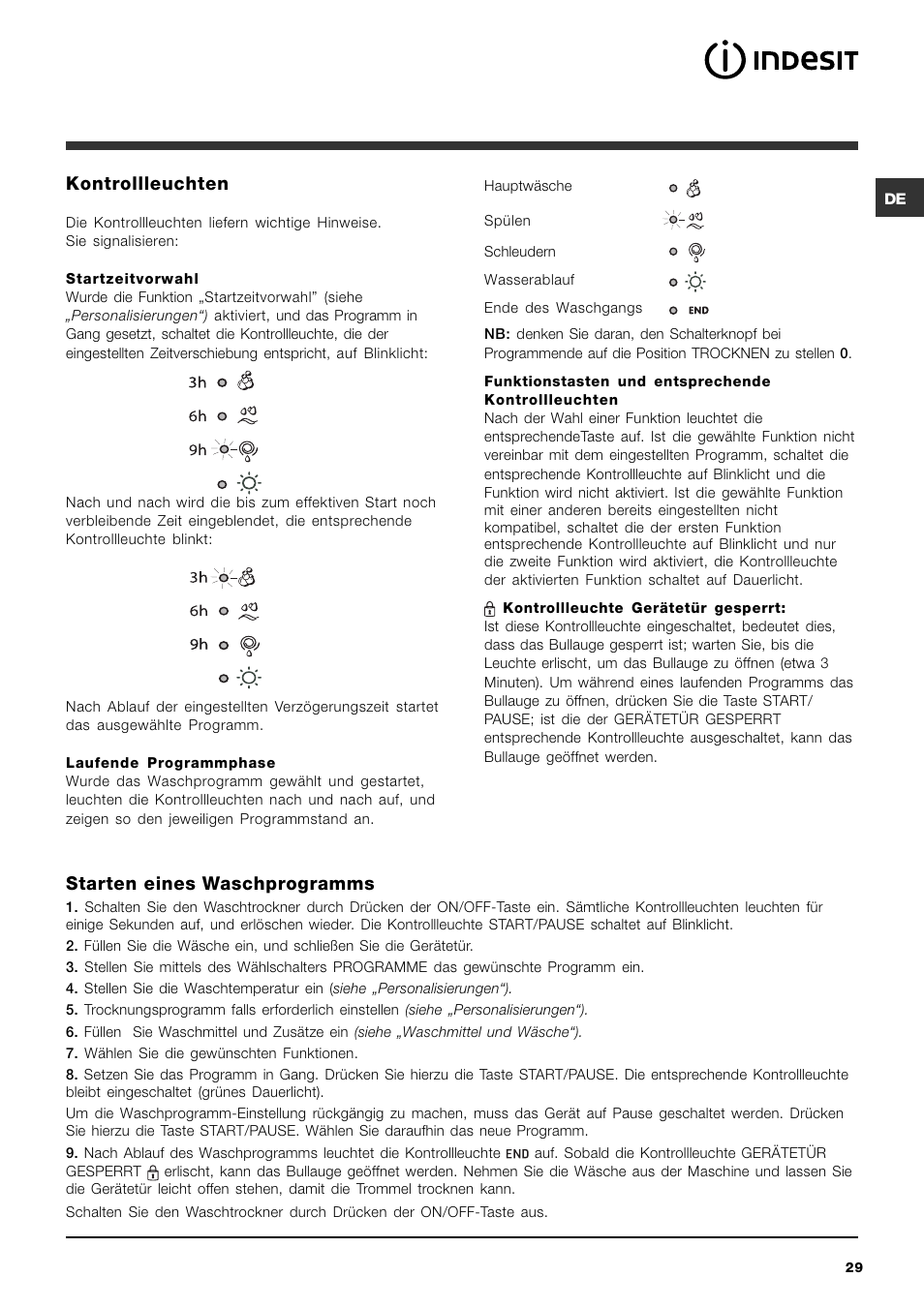 Kontrollleuchten, Starten eines waschprogramms | Indesit IWDC 6125 User Manual | Page 29 / 84