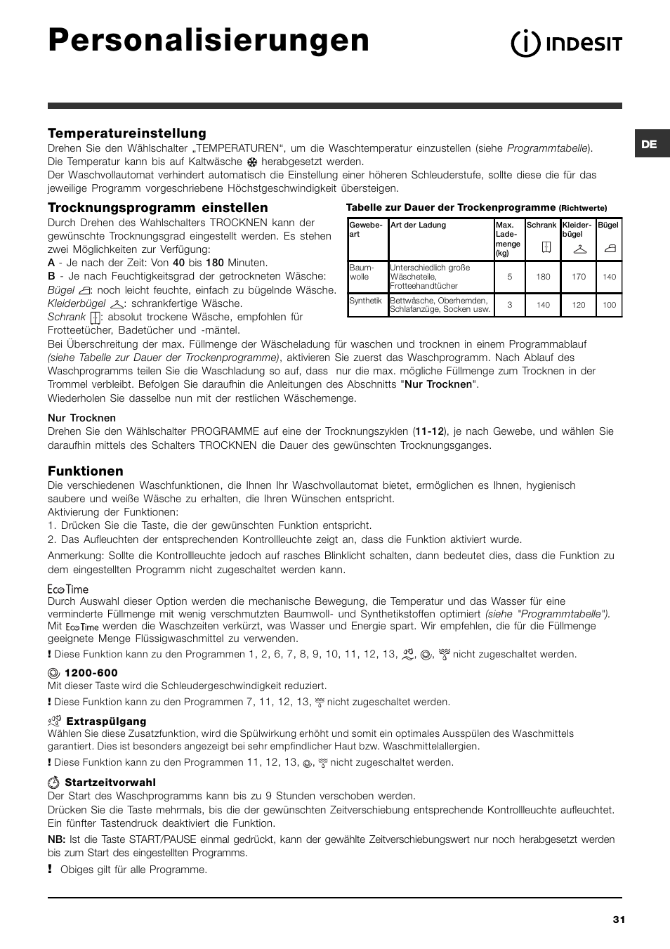 Personalisierungen, Temperatureinstellung, Trocknungsprogramm einstellen | Funktionen | Indesit IWDC 6125 User Manual | Page 31 / 84