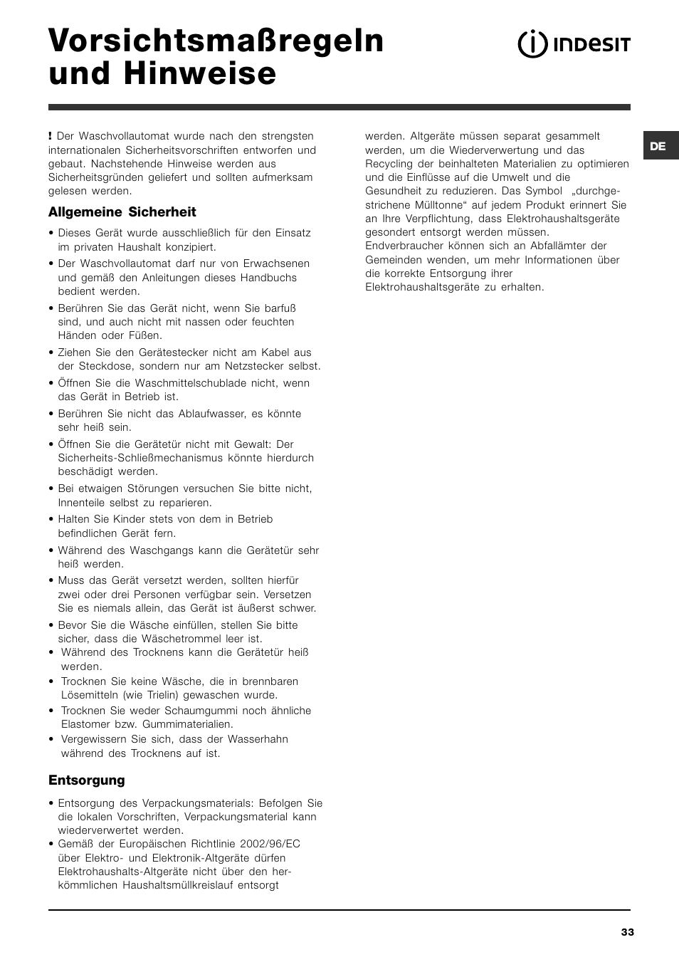 Vorsichtsmaßregeln und hinweise | Indesit IWDC 6125 User Manual | Page 33 / 84
