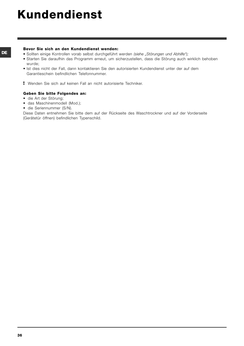 Kundendienst | Indesit IWDC 6125 User Manual | Page 36 / 84