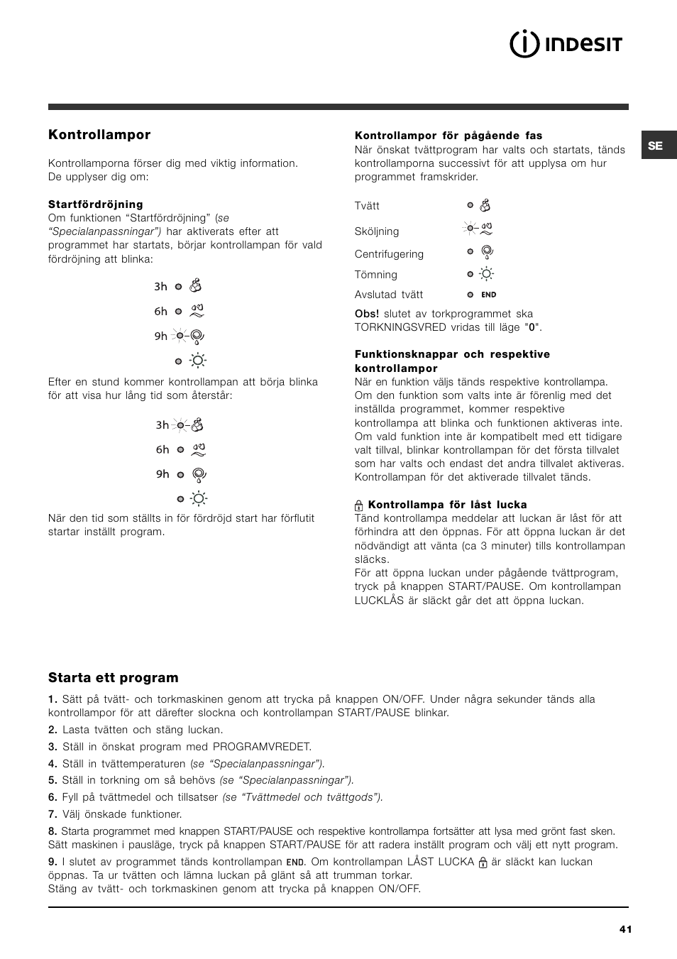 Kontrollampor, Starta ett program | Indesit IWDC 6125 User Manual | Page 41 / 84