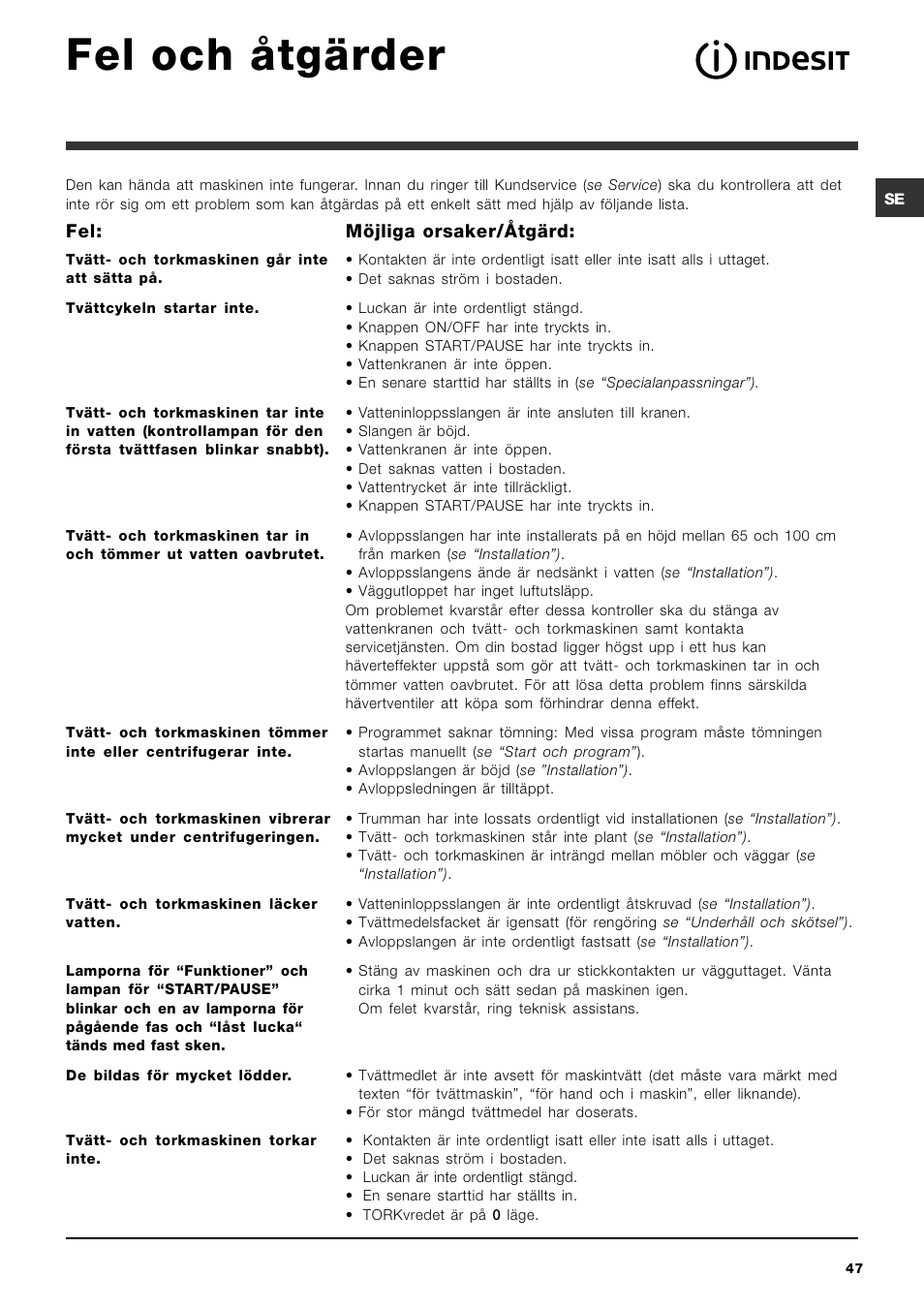 Fel och åtgärder, Möjliga orsaker/åtgärd | Indesit IWDC 6125 User Manual | Page 47 / 84