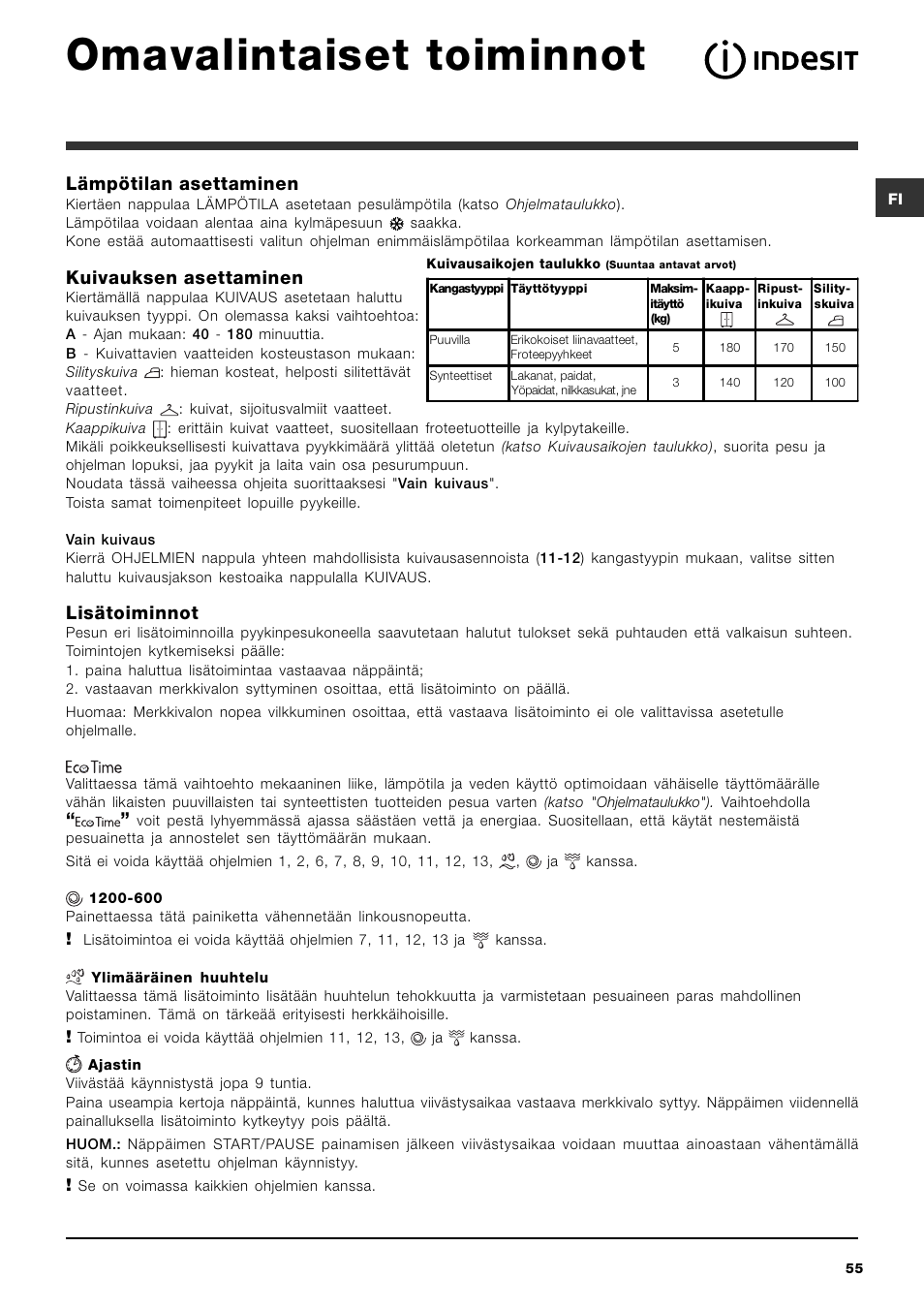 Omavalintaiset toiminnot, Lämpötilan asettaminen, Kuivauksen asettaminen | Lisätoiminnot | Indesit IWDC 6125 User Manual | Page 55 / 84