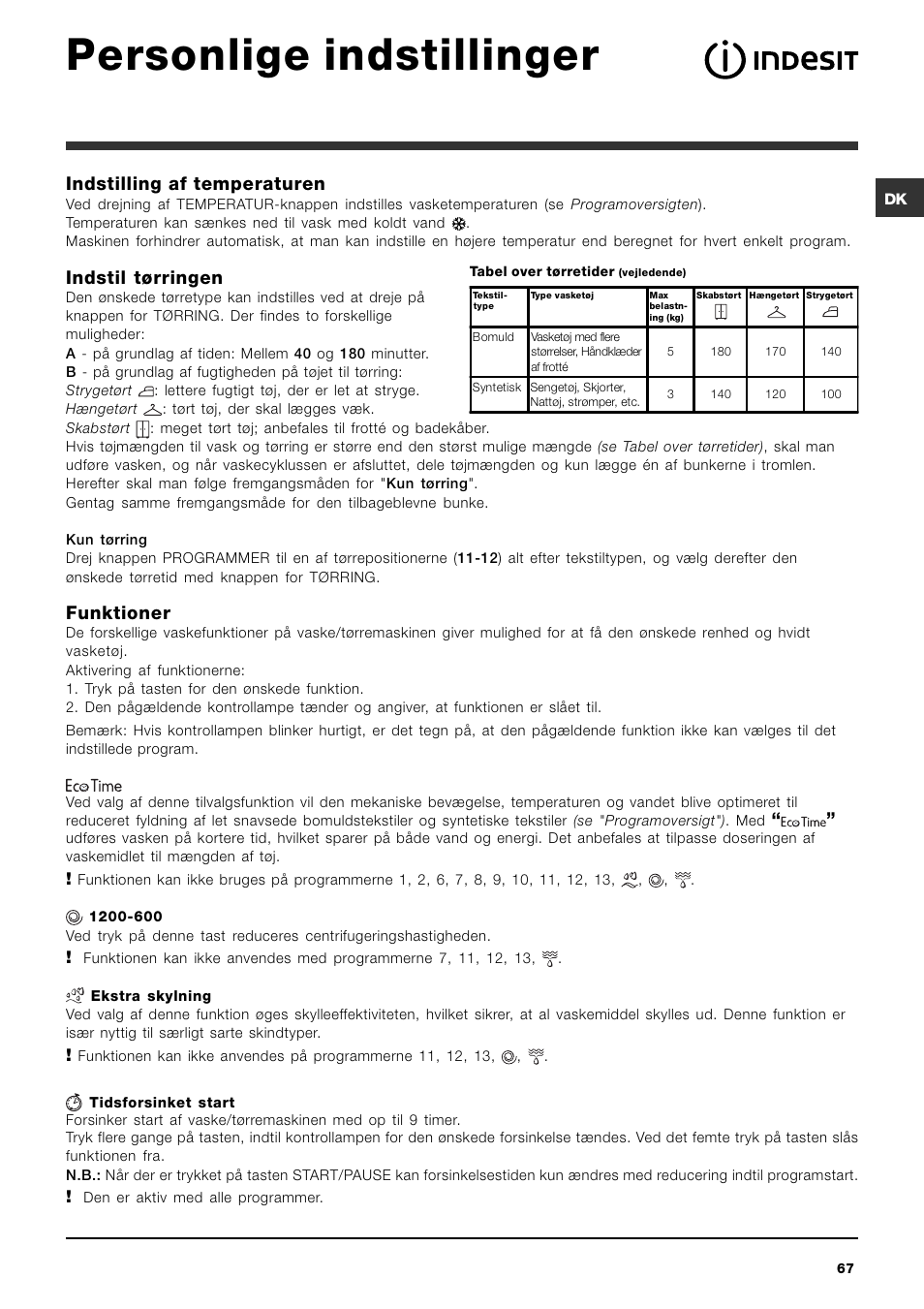 Personlige indstillinger, Indstilling af temperaturen, Indstil tørringen | Funktioner | Indesit IWDC 6125 User Manual | Page 67 / 84