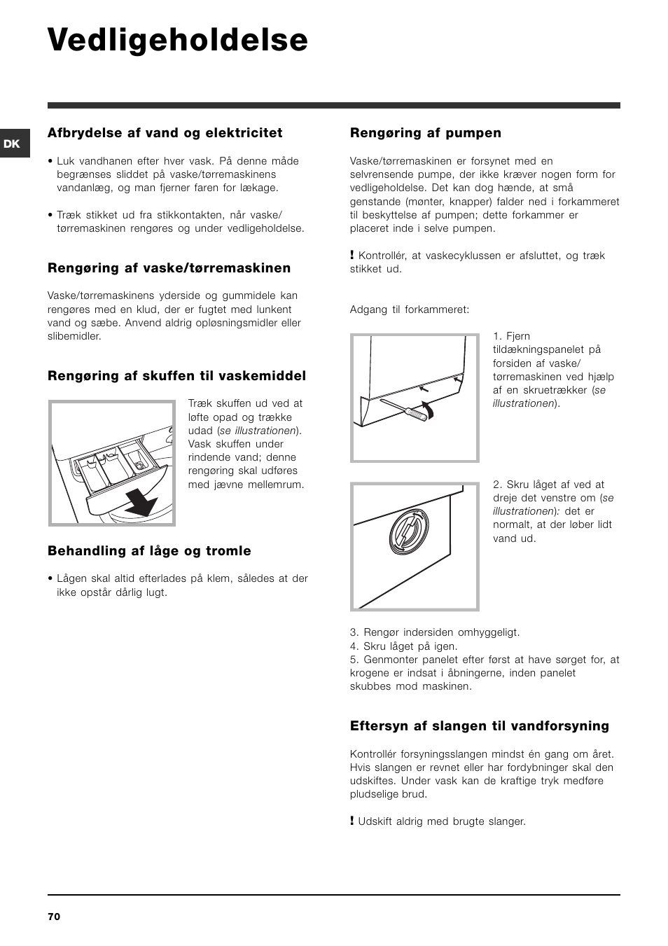 Vedligeholdelse | Indesit IWDC 6125 User Manual | Page 70 / 84