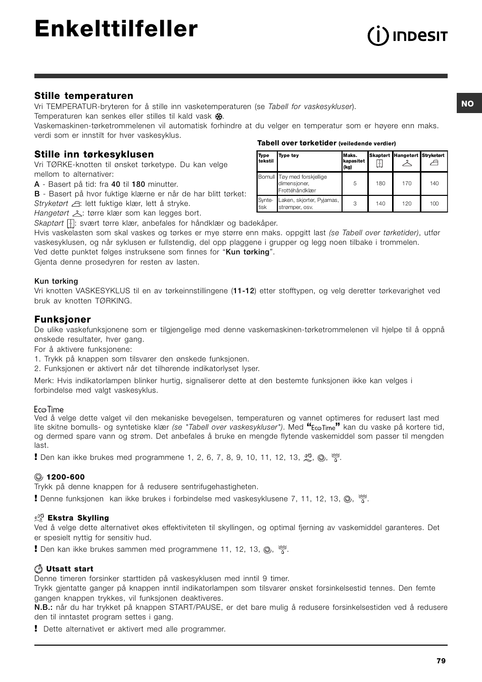 Enkelttilfeller, Stille temperaturen, Stille inn tørkesyklusen | Funksjoner | Indesit IWDC 6125 User Manual | Page 79 / 84