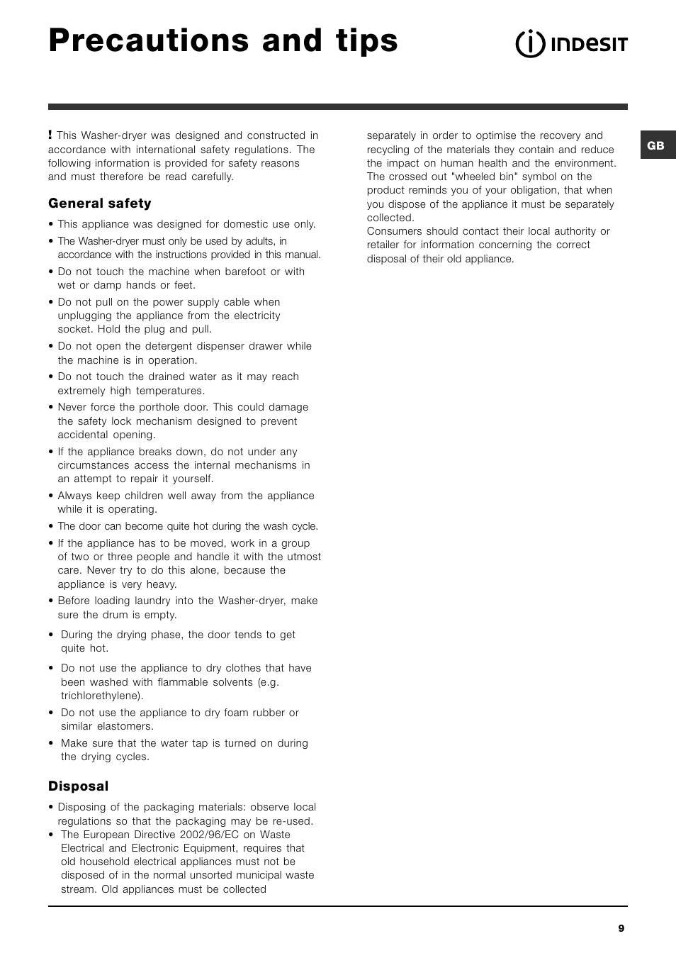 Precautions and tips | Indesit IWDC 6125 User Manual | Page 9 / 84