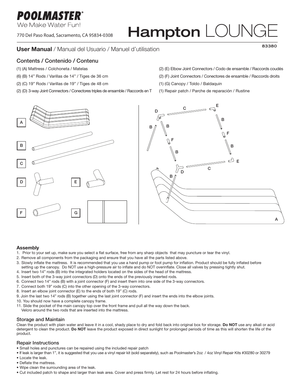 Poolmaster 83380 Hampton Lounge User Manual | 2 pages