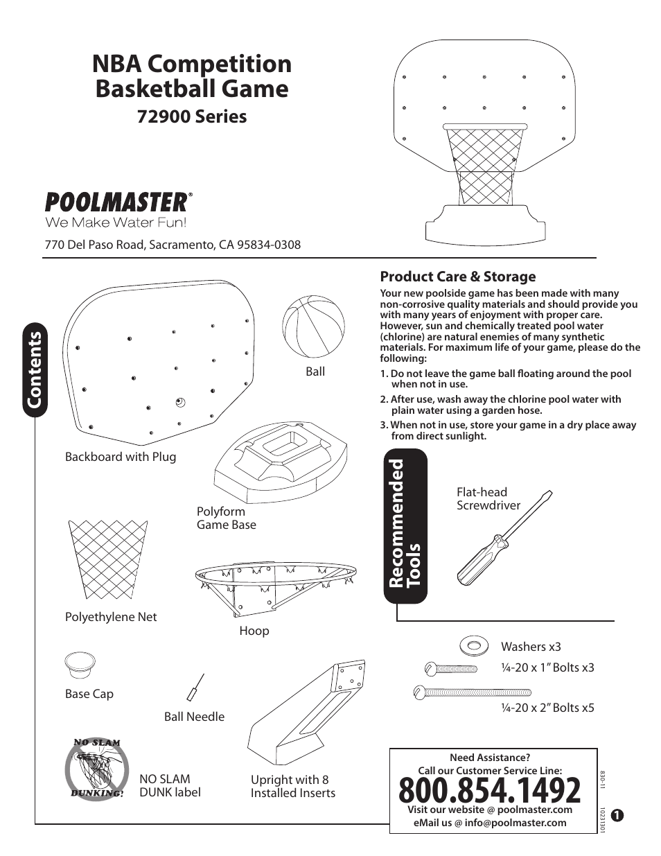 Poolmaster 72900 Series NBA Competition Basketball Game User Manual | 2 pages