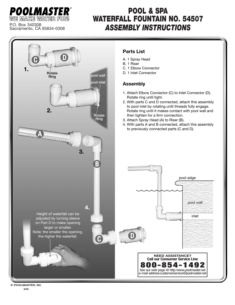 Poolmaster 54507 Pool & Spa Waterfall Fountain User Manual | 1 page