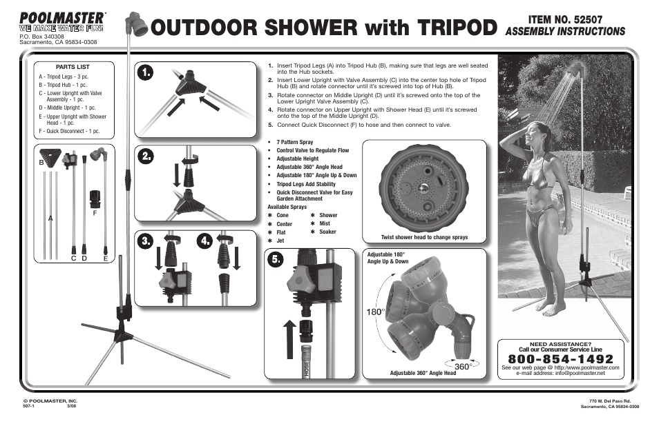 Poolmaster 52507 Poolside Tripod Shower User Manual | 1 page