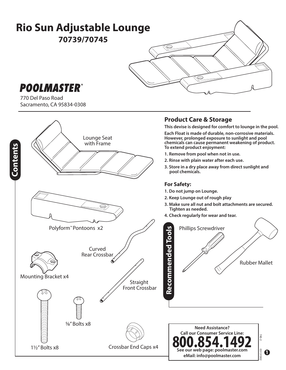 Poolmaster 70745 Rio Sun Adjustable Lounge User Manual | 2 pages