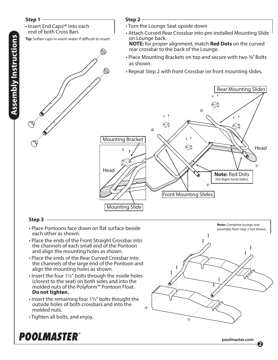 Assembly i nstr uc tions | Poolmaster 70745 Rio Sun Adjustable Lounge User Manual | Page 2 / 2