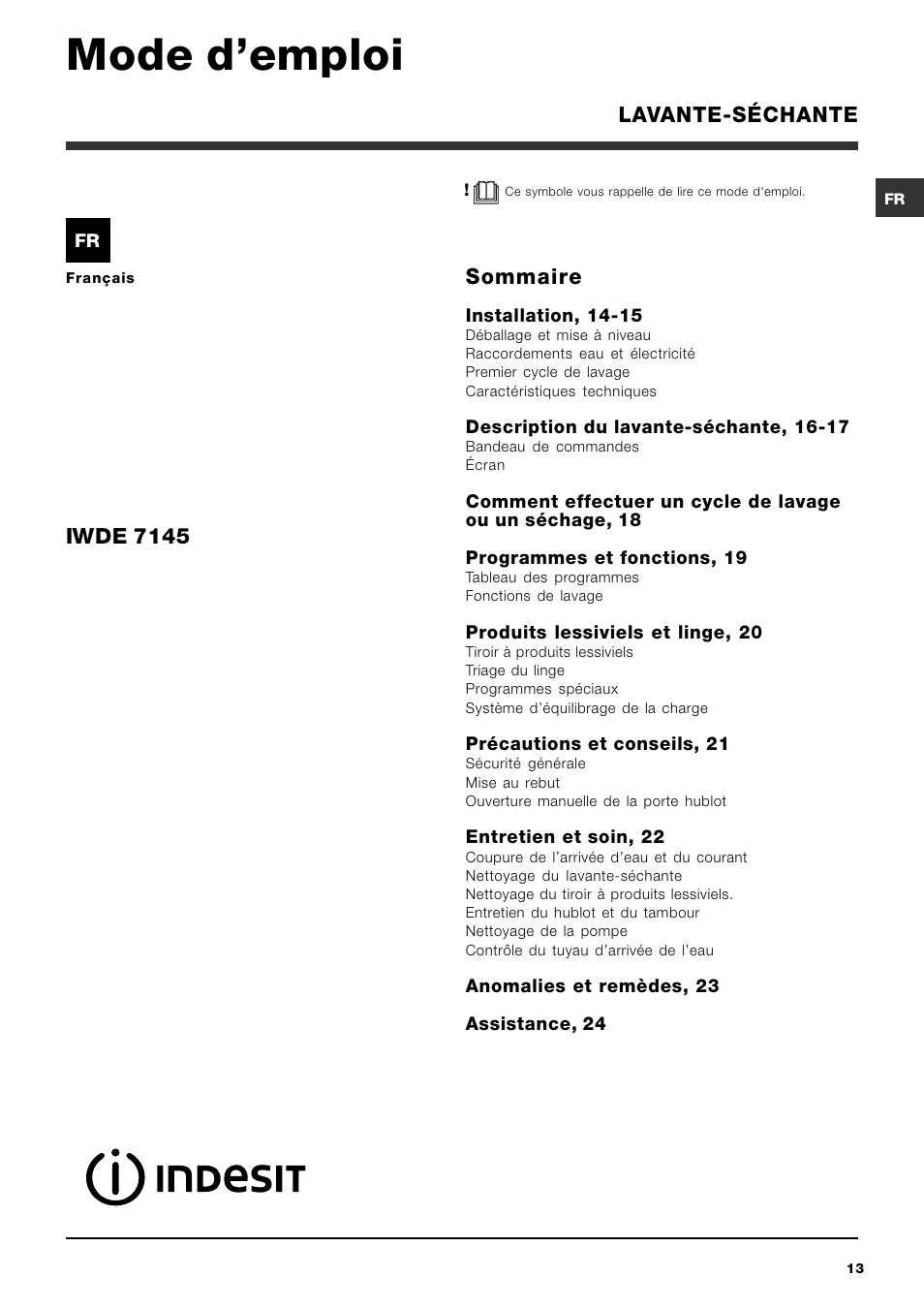 Mode demploi, Sommaire, Iwde 7145 | Lavante-séchante | Indesit IWDE 7145 User Manual | Page 13 / 60