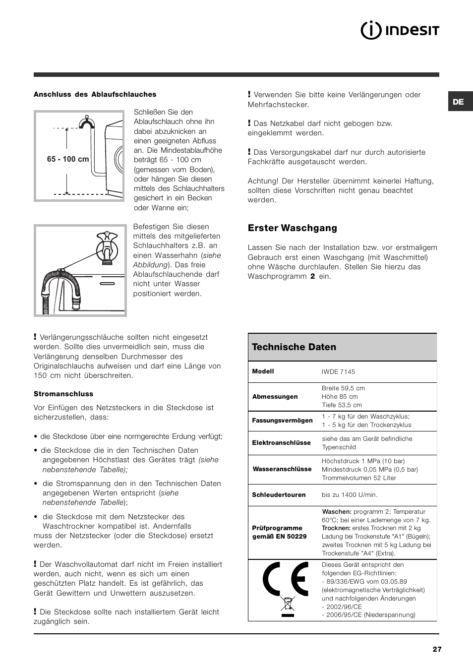 Erster waschgang, Technische daten | Indesit IWDE 7145 User Manual | Page 27 / 60