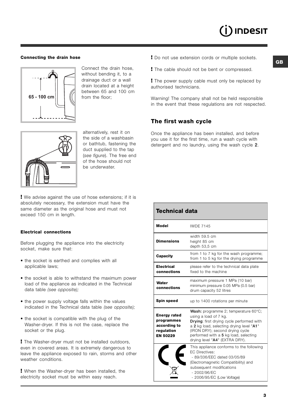 Technical data, The first wash cycle | Indesit IWDE 7145 User Manual | Page 3 / 60