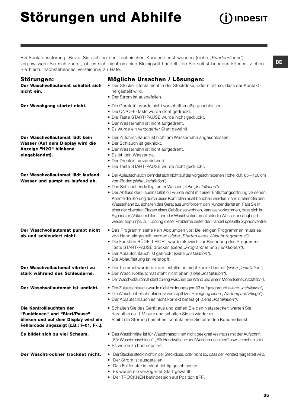 Störungen und abhilfe, Störungen, Mögliche ursachen / lösungen | Indesit IWDE 7145 User Manual | Page 35 / 60