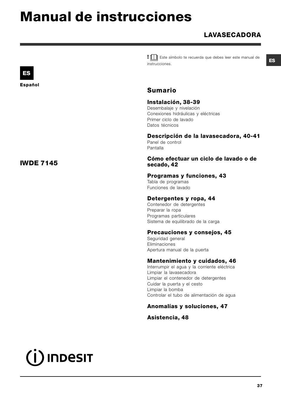 Manual de instrucciones, Sumario, Iwde 7145 | Lavasecadora | Indesit IWDE 7145 User Manual | Page 37 / 60
