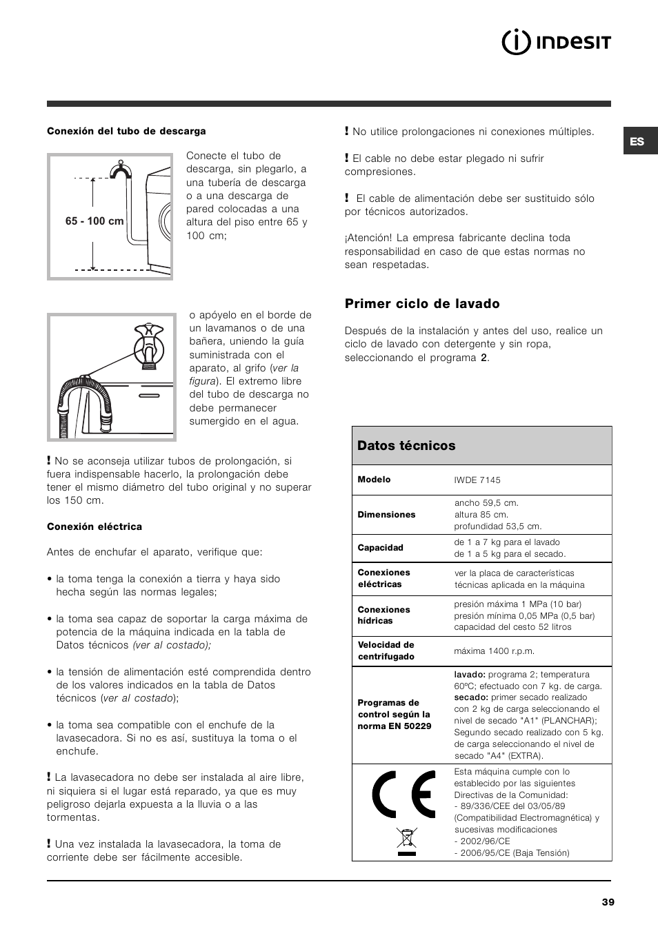 Primer ciclo de lavado, Datos técnicos | Indesit IWDE 7145 User Manual | Page 39 / 60