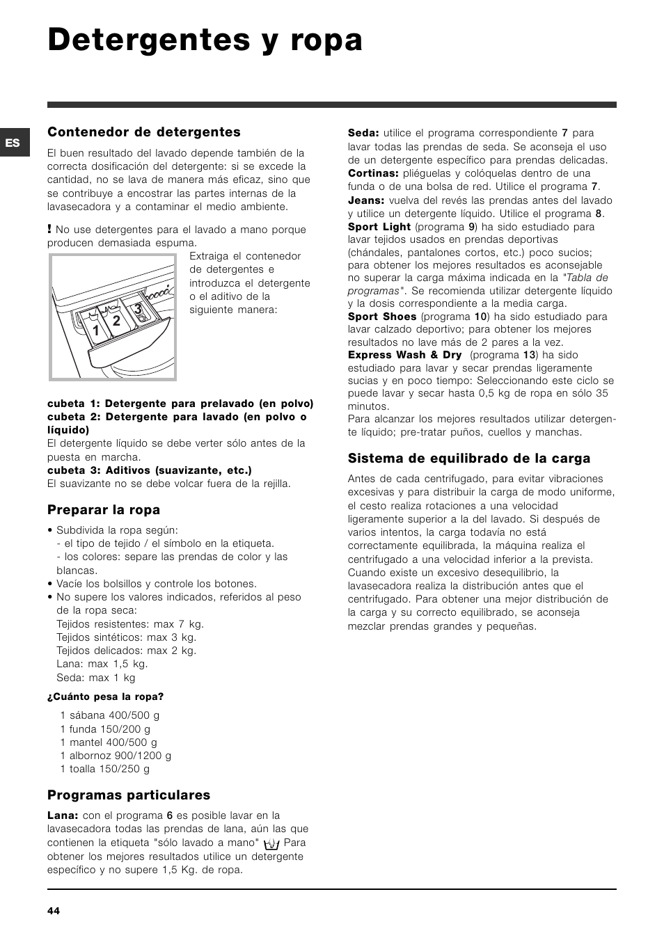 Detergentes y ropa | Indesit IWDE 7145 User Manual | Page 44 / 60