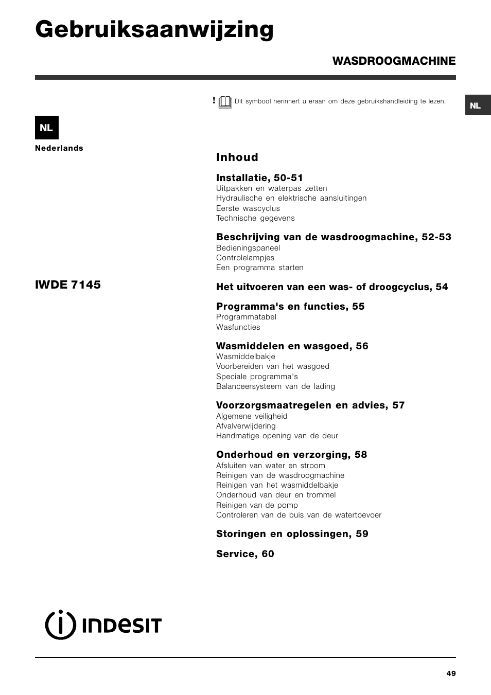 Gebruiksaanwijzing, Inhoud, Iwde 7145 | Wasdroogmachine | Indesit IWDE 7145 User Manual | Page 49 / 60