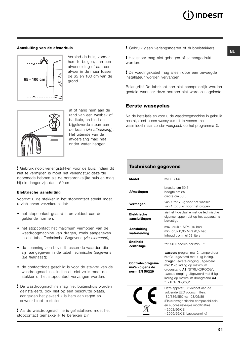 Eerste wascyclus, Technische gegevens | Indesit IWDE 7145 User Manual | Page 51 / 60