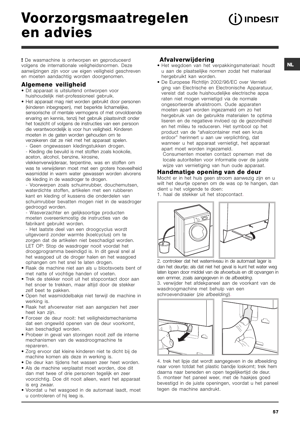 Voorzorgsmaatregelen en advies | Indesit IWDE 7145 User Manual | Page 57 / 60