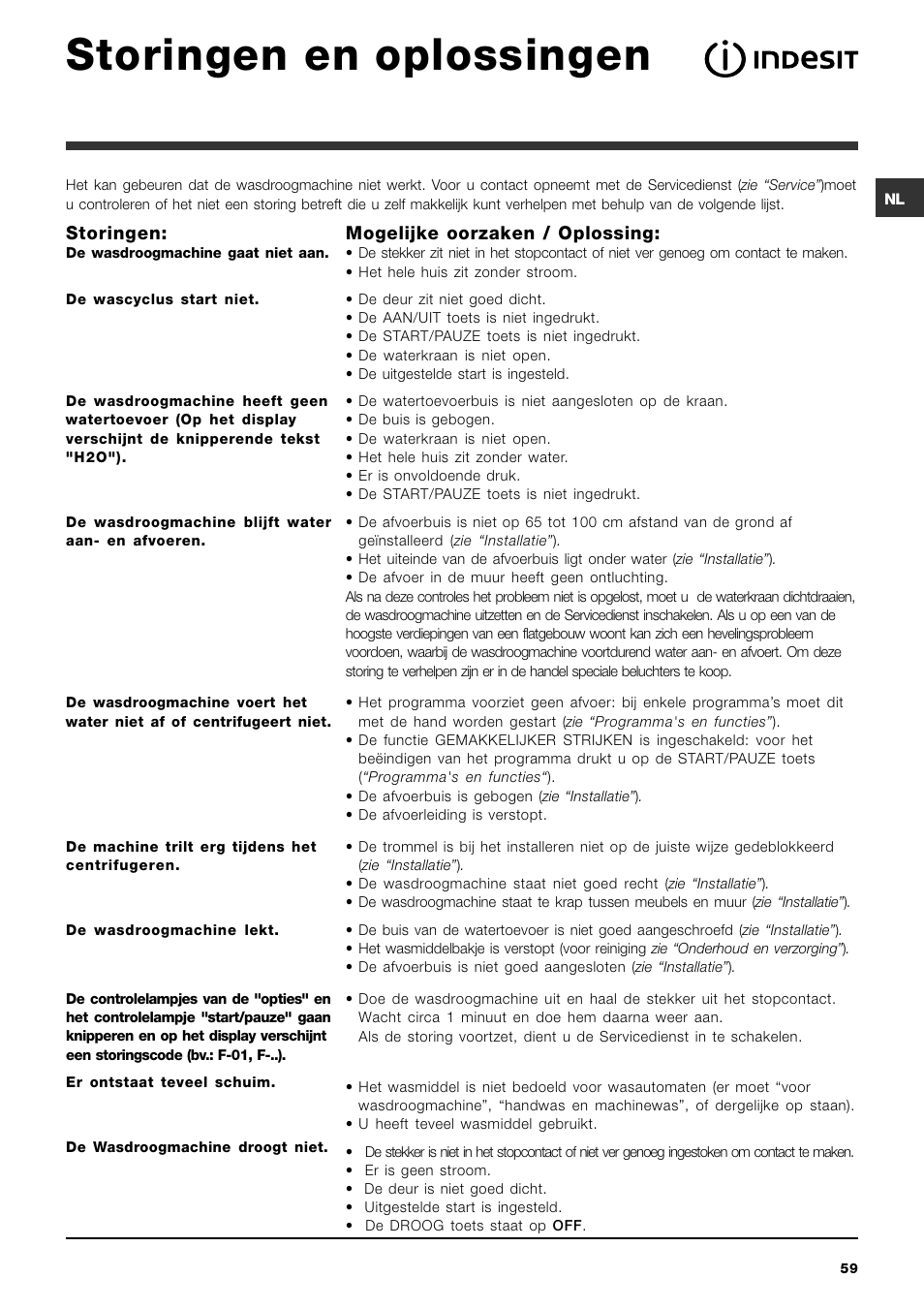 Storingen en oplossingen | Indesit IWDE 7145 User Manual | Page 59 / 60