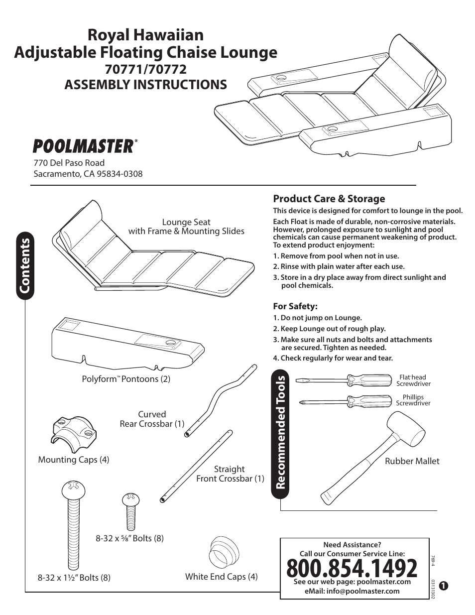 Poolmaster 70772 Royal Hawaiian Adjustable Chaise Lounge User Manual | 2 pages