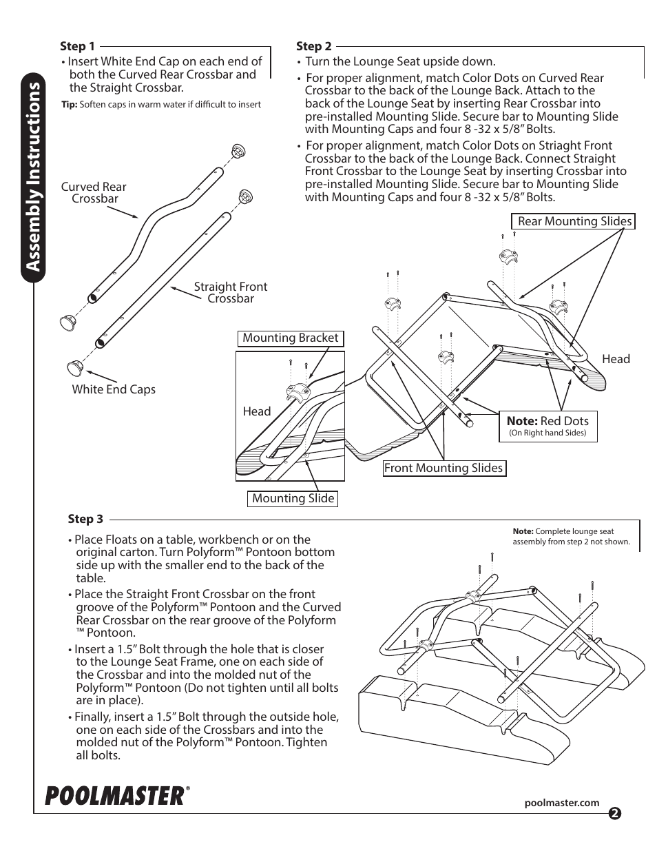 Assembly i nstr uc tions | Poolmaster 70772 Royal Hawaiian Adjustable Chaise Lounge User Manual | Page 2 / 2