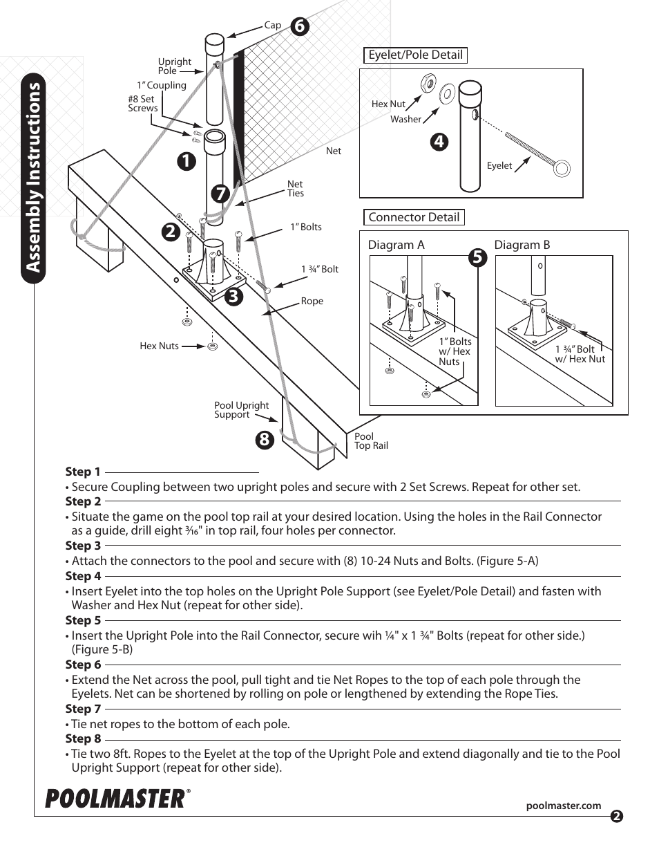 Assembly i nstr uc tions | Poolmaster 72776 Above-Ground Across Pool Badminton User Manual | Page 2 / 2