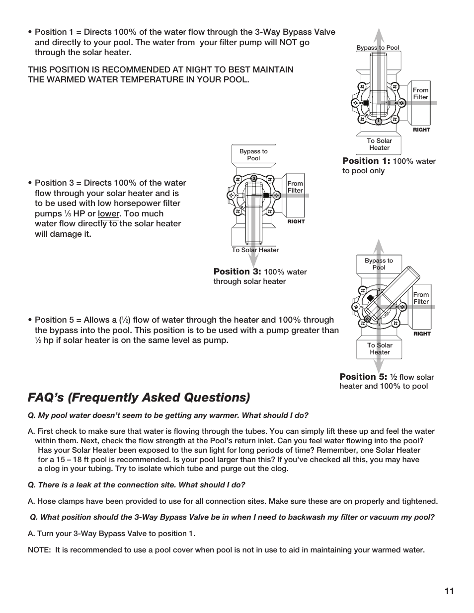 Faq’s (frequently asked questions), Position 1, Position 3 | Position 5 | Poolmaster 59025 Above-Ground Pool Solar Heater User Manual | Page 12 / 13