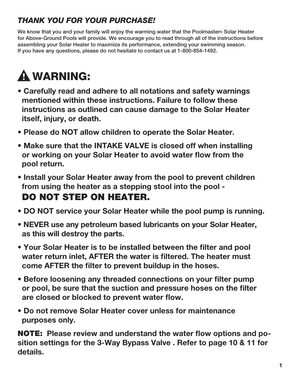 Warning, Do not step on heater | Poolmaster 59025 Above-Ground Pool Solar Heater User Manual | Page 2 / 13