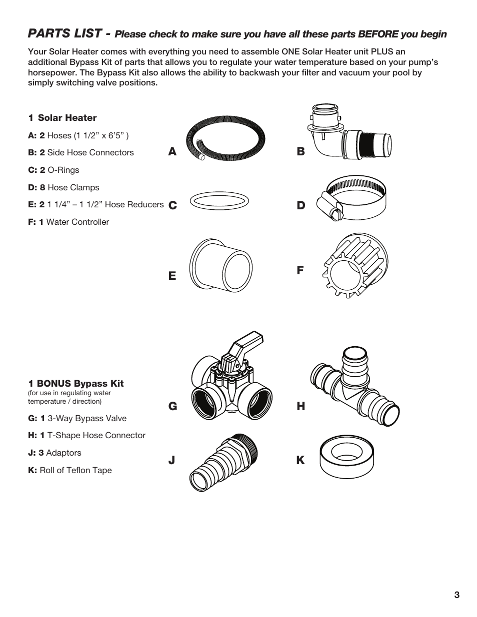 Parts list | Poolmaster 59025 Above-Ground Pool Solar Heater User Manual | Page 4 / 13