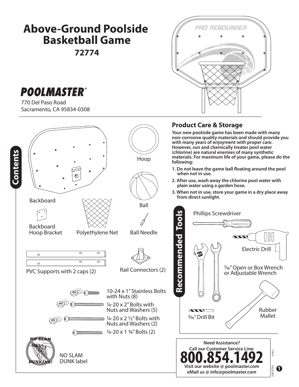 Poolmaster 72774 Above-Ground Poolside BBall Game User Manual | 3 pages