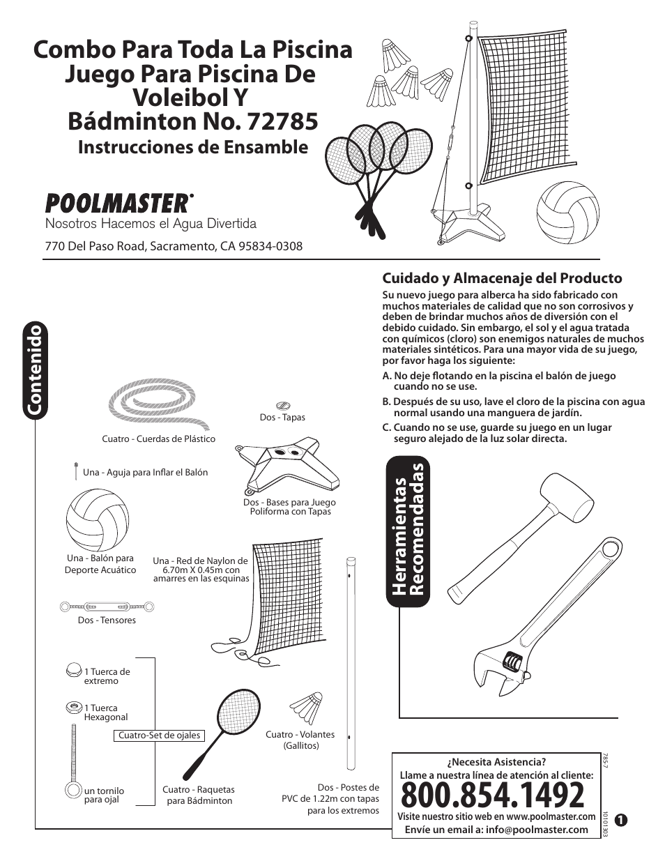 Instrucciones de ensamble, Herr amien tas rec omendadas con tenido | Poolmaster 72785 Across Pool Combo Badminton User Manual | Page 3 / 4